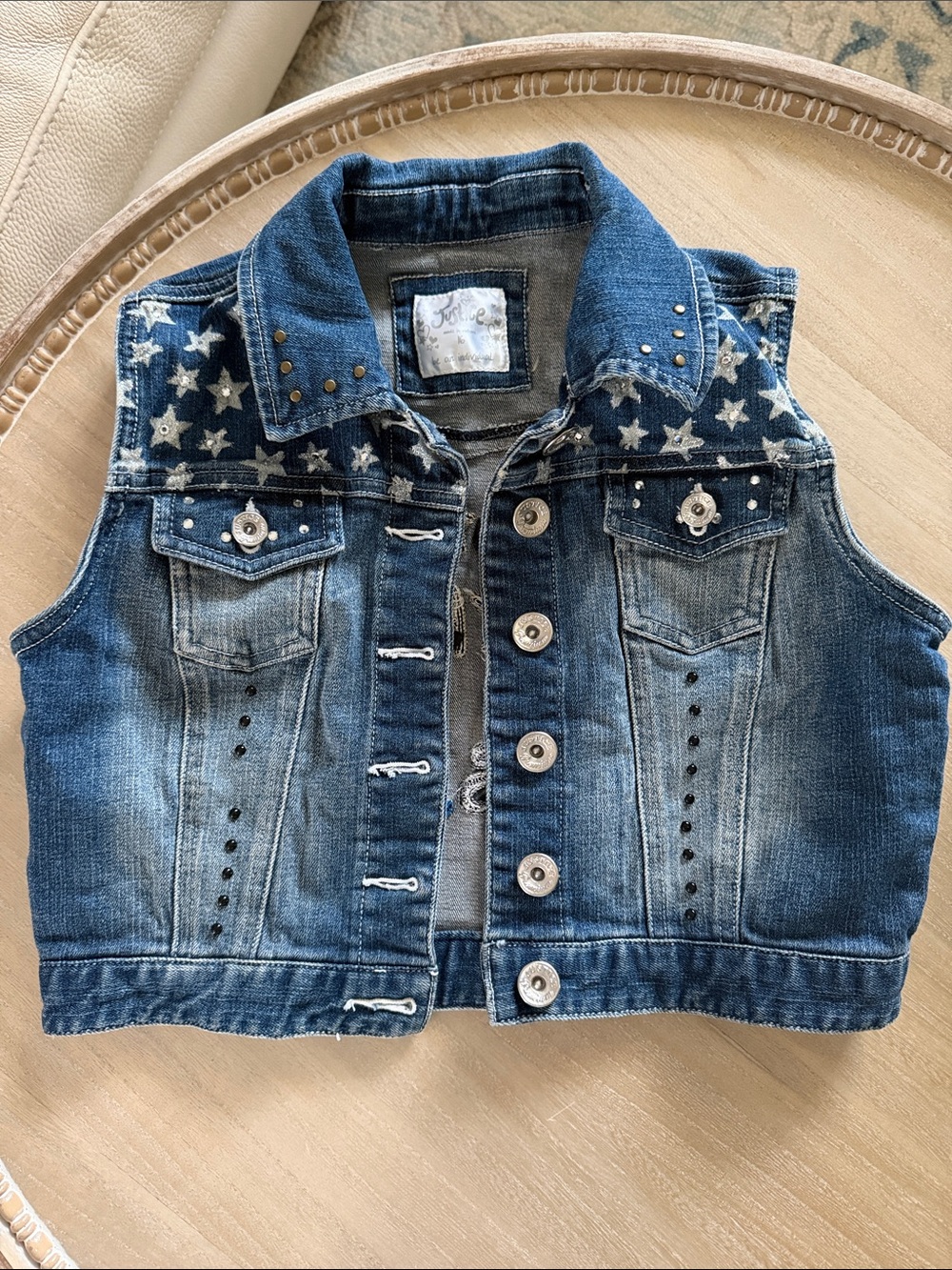 Justice Girls' Star-Print Studded Denim Vest - Blue